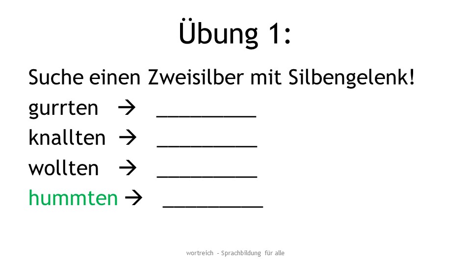 Eine Übungskarte zum Thema Zweisilber im Silbengelenk. Man erkennt die Wörter gurrten, knallten, wollten und ein unsinniges Wort hummten. Hinter jedem Wort ist Platz zum Eintragen der gefundenen Zweisilber.