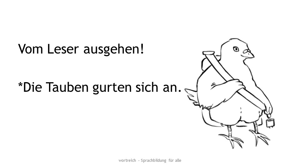 Eine Übungskarte, die verdeutlicht, dass zunächst gleich klingende Wörter eine ganz andere Bedeutung tragen, sobald sie anders geschrieben werden. Hier sieht man ein Beispiel in falsch geschriebener Form: Die Tauben gurten sich an. Ein Bild zeiht eine Taube, die sich auf einem Sitz angurtet.