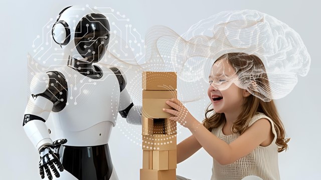 Ein Mädchen und ein Roboter bauen einen Turm mit Bauklötzen. 