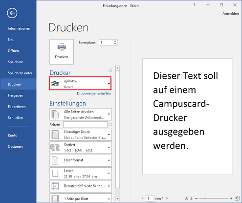 Campuscard - Drucken unter Windows