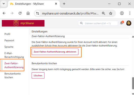 Zwei-Faktor-Authentifizierung - Client for Windows (myShare)