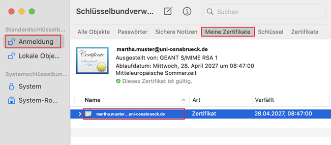 Apple Mail E-Mail (S/MIME) Zertifikat in den Schlüsselbund importieren
