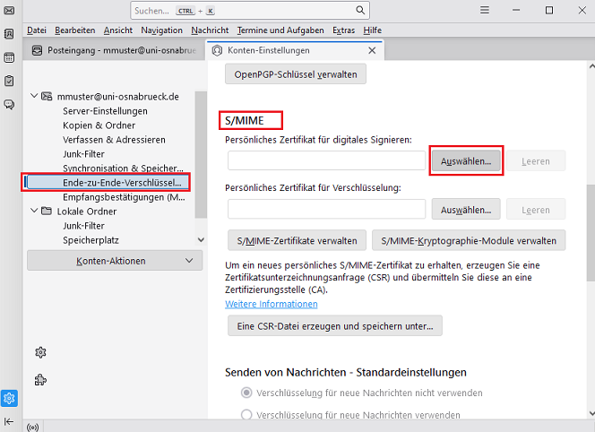 Thunderbird E-Mail (S/MIME)-Zertifikat an E-Mailkonto binden