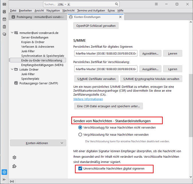 Thunderbird E-Mail (S/MIME)-Zertifikat an E-Mailkonto binden