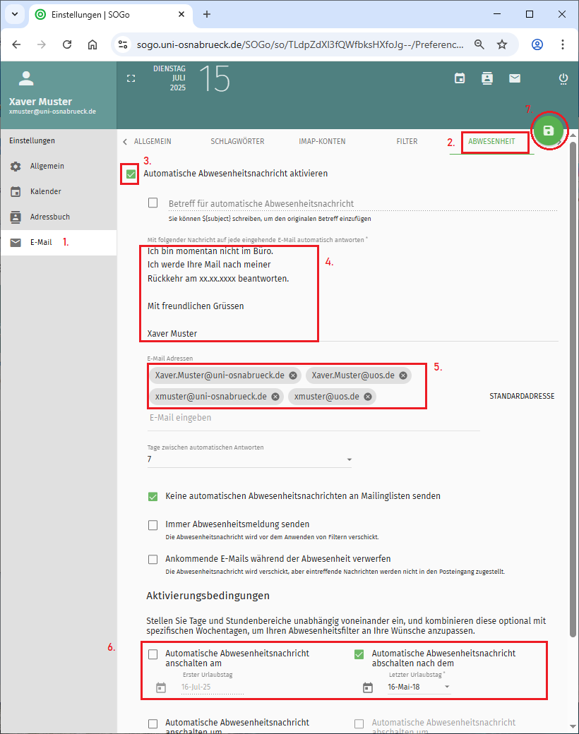 SOGo Webmail Abwesenheitsnachricht
