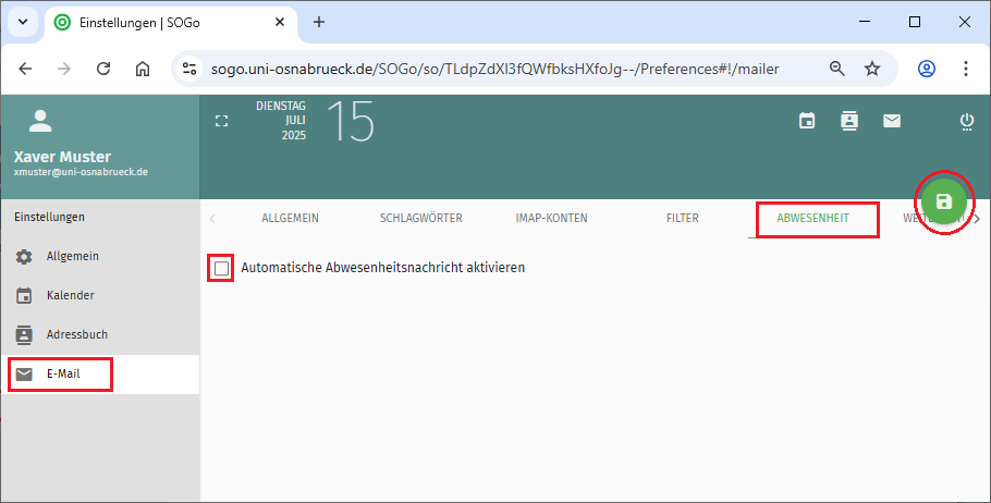 SOGo Webmail Abwesenheitsnachricht