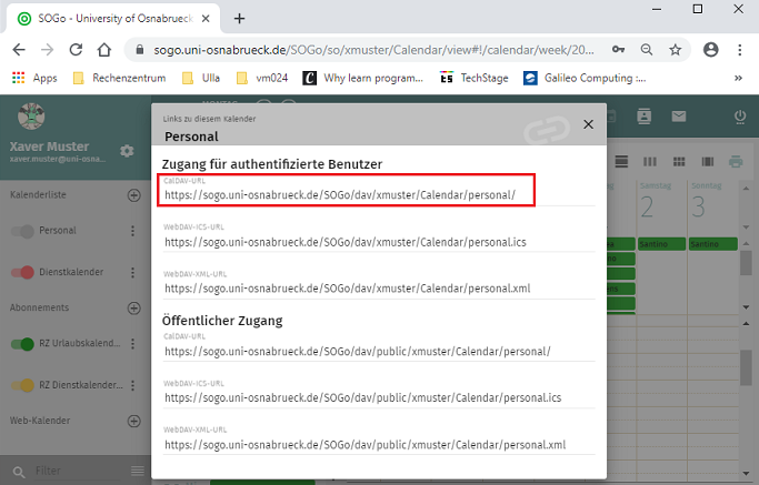SOGo-Kalender - CalDav-Adresse ermitteln