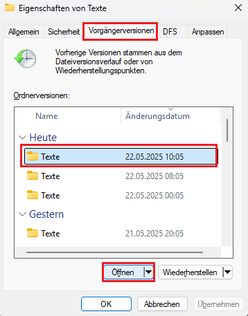 Windows - Wiederherstellung von gelöschten oder beschädigten Dateien aus dem Heimatverzeichnis