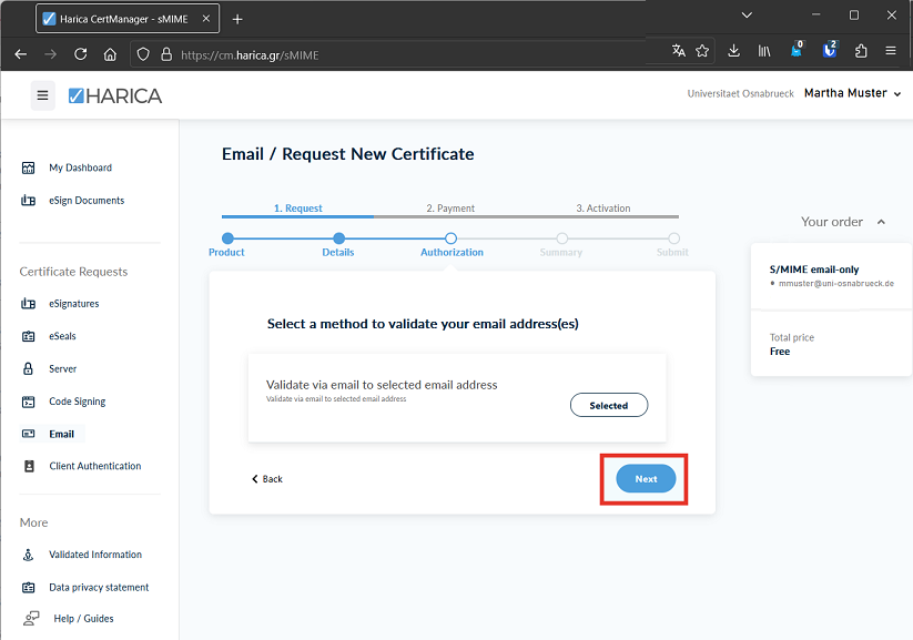 E-Mail (S/MIME)-Zertifikat beantragen