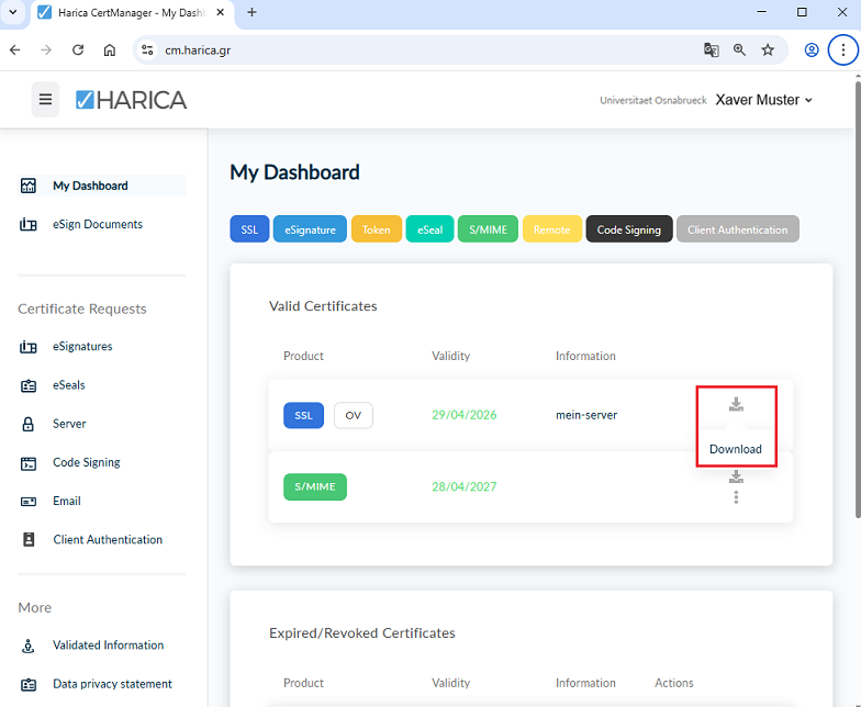 Serverzertifikat (SSL-Zertifikat) beantragen