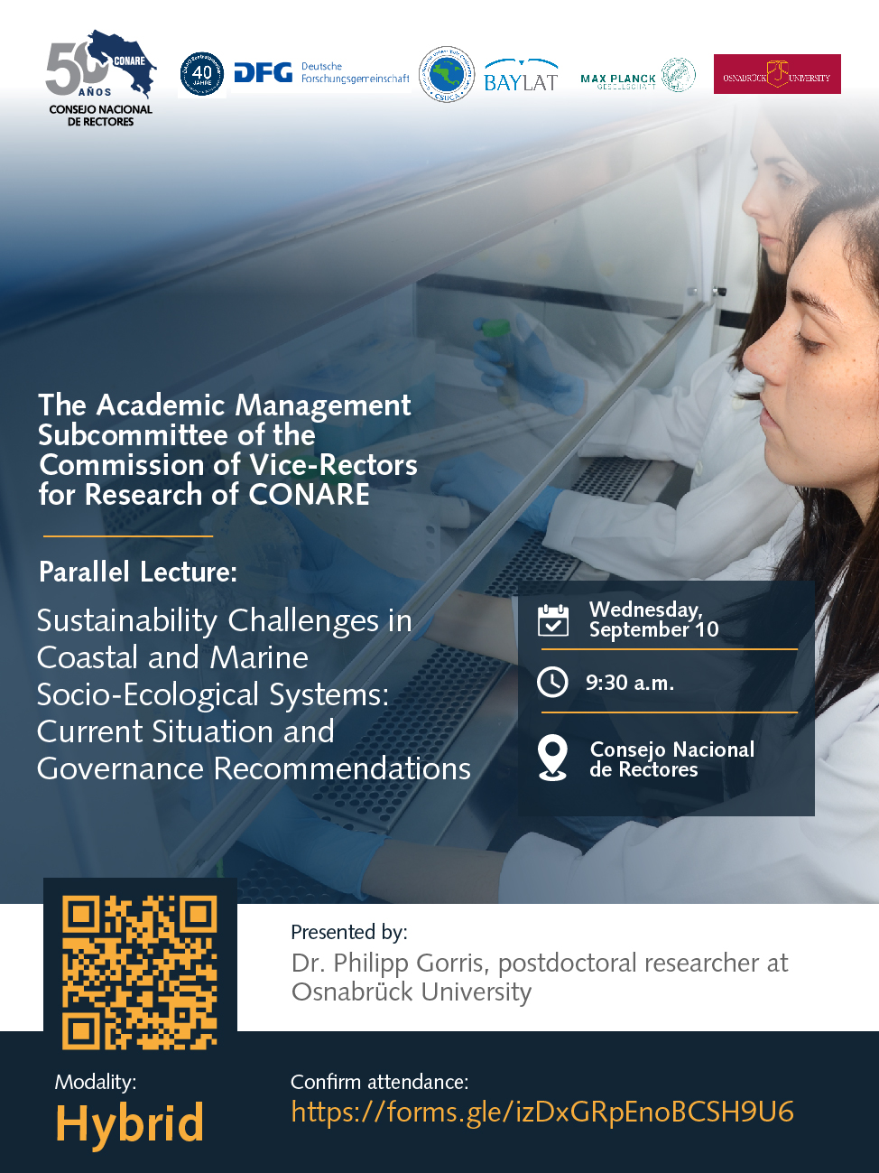 A vibrant promotional poster including several logos of sponsoring organizations announcing an academic event hosted by CONARE (Costa Rican Council of Rectors) in collaboration with German research institutions.