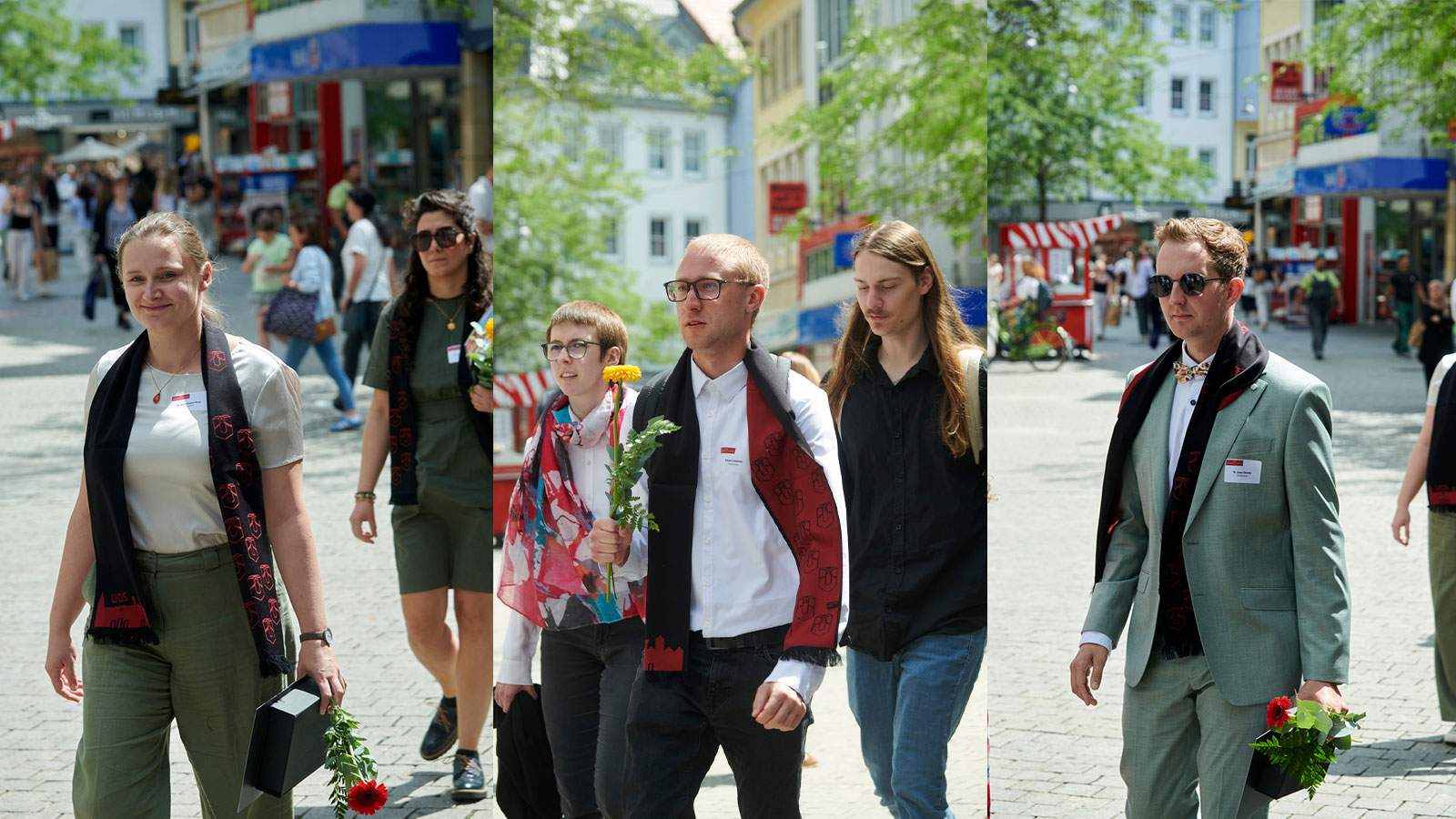 Collage of three pictures. It shows people walking, dressed festively and holding a flower in their hand.