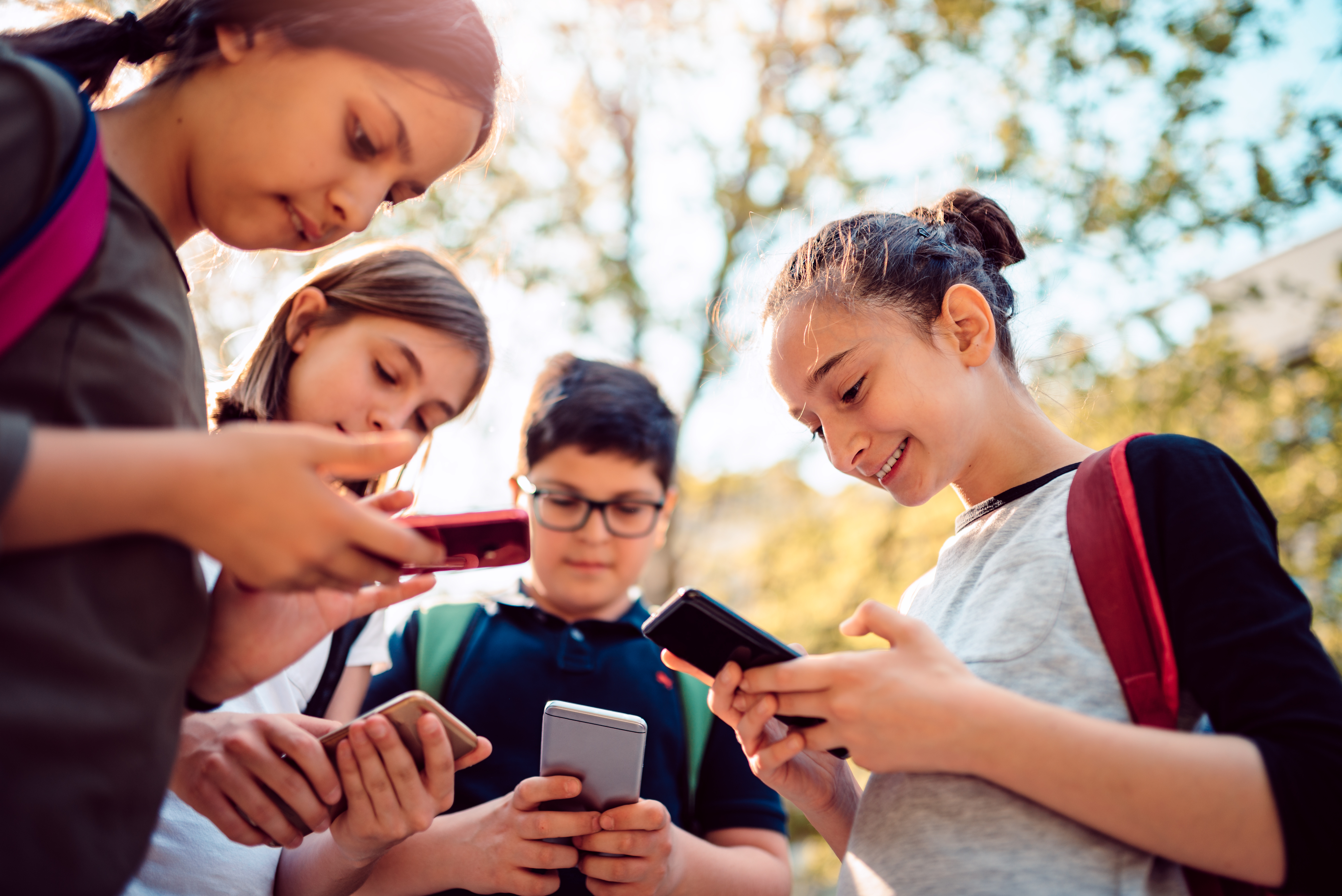 Pupils stand in the playground and look at their smartphones. 