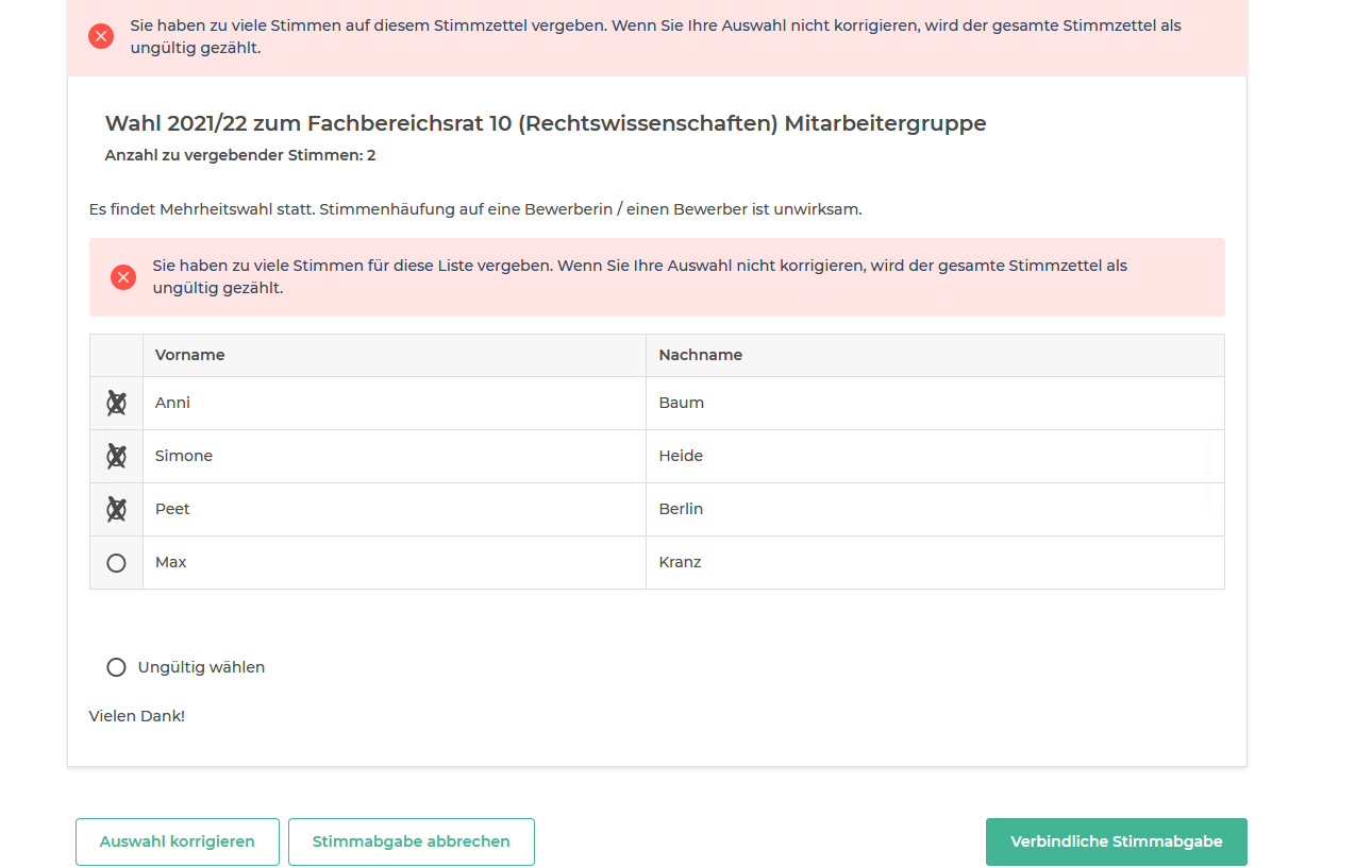 Screenshots vom Verfahren der Stimmabgabe