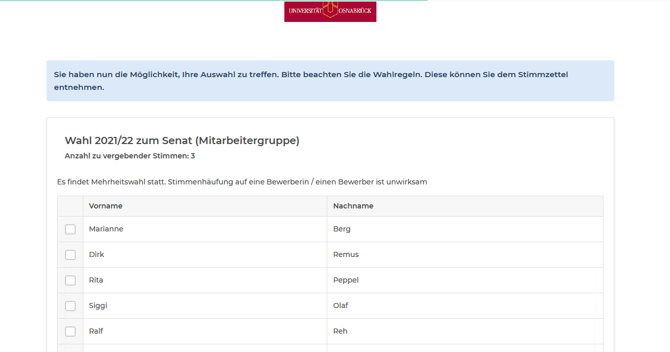 Screenshots vom Verfahren der Stimmabgabe