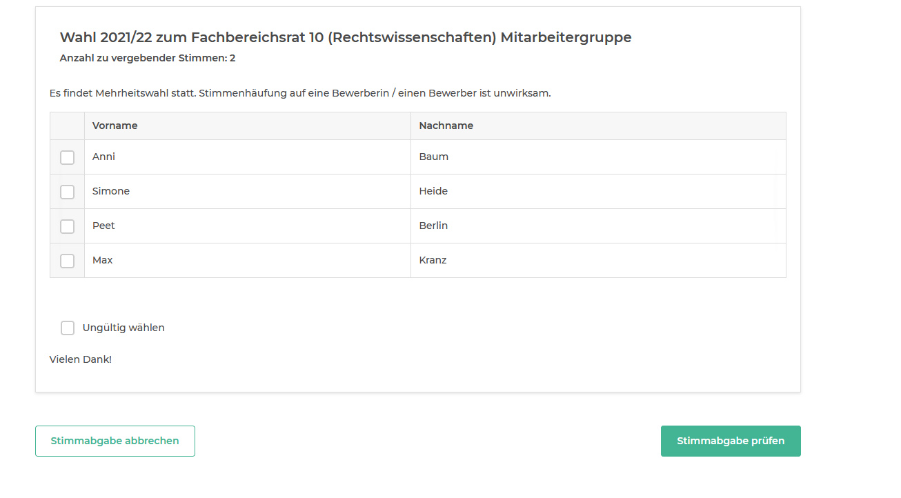 Screenshots vom Verfahren der Stimmabgabe