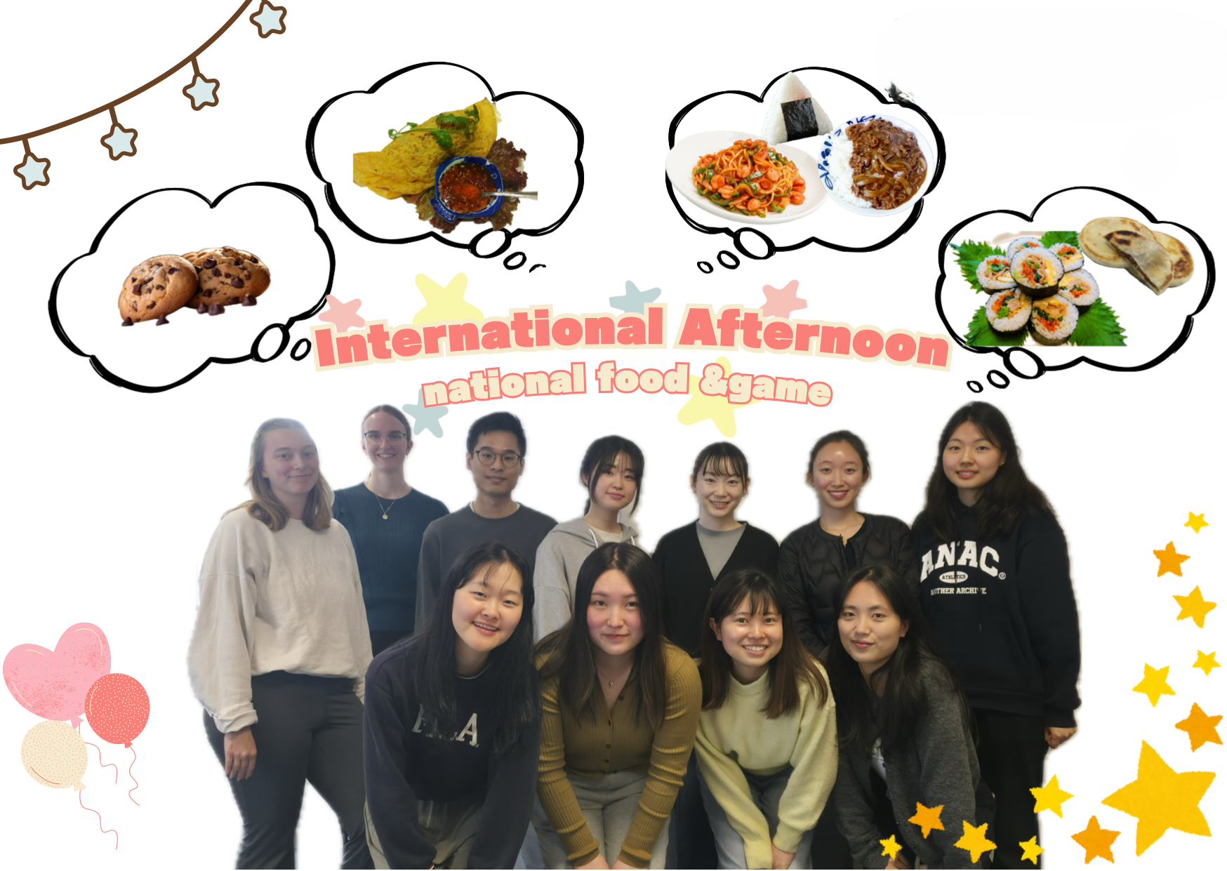 A group of young people, above the lettering "International Afternoon, national food & game