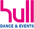 "Hull Dance & Events" lettering in pink and dark blue